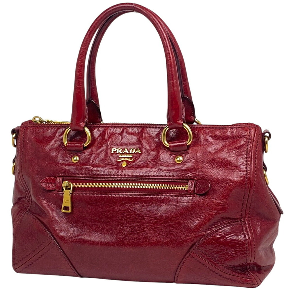Prada Logo Handbag Shoulder Bag Leather Red